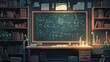 © Akstem - Dark illustration of science lab with chalkboard, books, and desk.