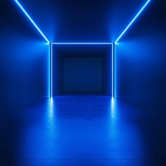 Poster - Futuristic Blue: Glowing Neon Square Portal Leading to an Unknown Space of Modern Design