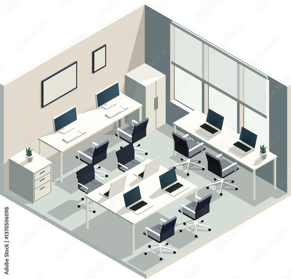 Isometric vector illustration of a modern office workspace with desks ...