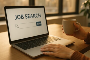 Job Search and a Morning Coffee: a person navigating the online job search process, a laptop with a 