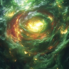 Wall Mural - A green and yellow spiral galaxy with a yellow star in the center. The galaxy is filled with stars and has a bright yellow star in the center