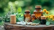 © Aysel - Alternative health care fresh herbal plant  and herbal pill in Erlenmeyer flask with mortar on old rustic wooden background over green bokeh background