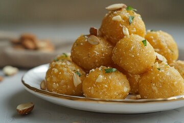 besan ladoo plated in pyramid form, golden hue with ghee shine and almond chips on a matte white