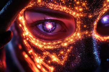 Wall Mural - glowing pattern overlaid on skin, enhanced purple eye, close-up view, with artistic effects