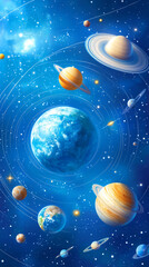 Wall Mural - This captivating display presents a vibrant blue cosmos filled with planets including Earth, Saturn with its prominent rings, and other celestial bodies amidst a starry backdrop