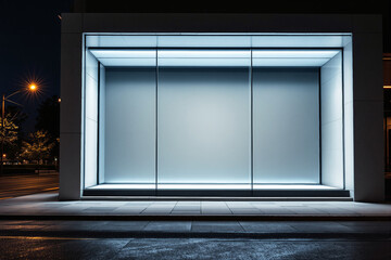 Poster - Blank illuminated storefront display with modern design at night.