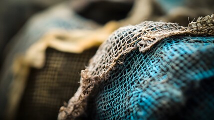 Closeup of Torn Blue and Beige Netting Texture