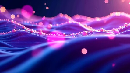 Leinwandbilder - Pink spheres and particles dance across a vibrant, flowing landscape of blue and purple hues.