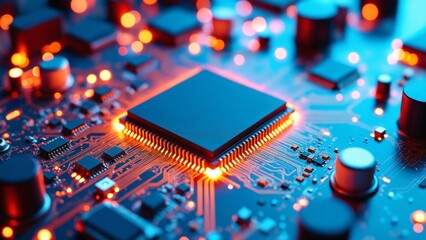 Poster - Close-Up View of a Modern Microchip and Circuit Board with Glowing Connections and Intricate Details for Technology Backgrounds