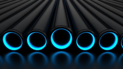 Fototapete - Black industrial pipes with glowing blue edges forming a futuristic pattern