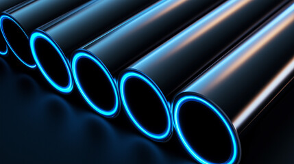 Fototapete - Futuristic glowing metal pipes conveying energy and data