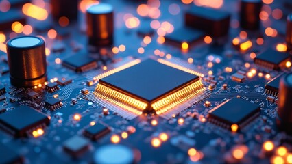 Poster - Close-Up View of a Modern Microchip and Circuit Board with Glowing Connections and Intricate Details for Technology Backgrounds