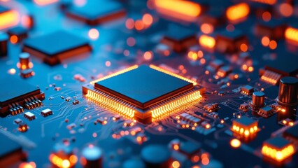 Poster - Close-Up View of a Modern Microchip and Circuit Board with Glowing Connections and Intricate Details for Technology Backgrounds