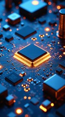 Poster - Close-Up View of a Modern Microchip and Circuit Board with Glowing Connections and Intricate Details for Technology Backgrounds