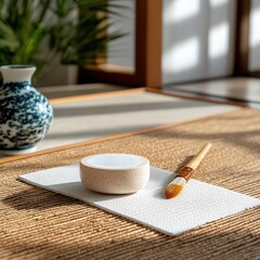 Leinwandbilder - Close up studio shot of ceramic objects including a small round pot on a textured white tile and a paintbrush with a wooden handle, decorative vase, and plants on a textured bamboo mat under