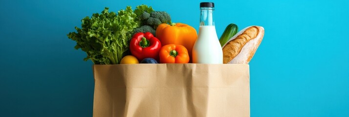 Poster - Fresh groceries in a brown paper bag filled with colorful produce, baguette, and milk against a bright blue background