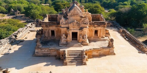 Aufkleber - Aerial view of ancient stone temple with stairs surrounded by lush green trees and clear sky in daylight