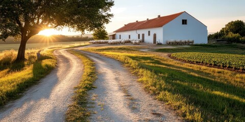 Leinwandbilder - Scenic rural landscape with gravel road leading to white building with red tile roof sunset light beams illuminate grass and trees