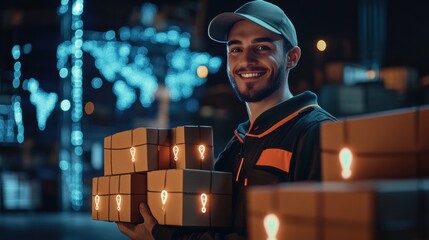 Poster - Cheerful delivery worker carries packages in front of a digital world map showcasing advanced logistics and geolocation technology