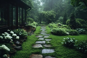 Aufkleber - Stone pathway leads through lush garden with greenery and raindrops, creating a serene atmosphere, featuring a glass-walled building and dense foliage