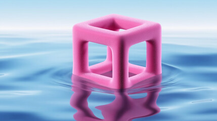 Poster - Pink fluffy cube floating on water with ripples reflecting in blue liquid