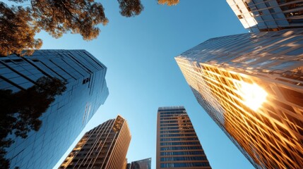 Poster - Low angle shot of skyscrapers against a clear blue sky capturing architectural details and the sun's reflection with trees on top of buildings