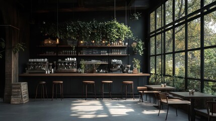 Aufkleber - Interior view of a modern cafe with large windows allowing natural light. Bar area with stools tables and chairs with plants decorating the walls