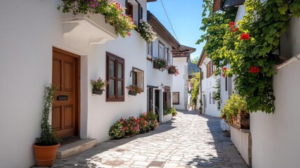Aufkleber - Charming village street with white buildings brown doors and windows and vibrant flower boxes cobblestone pathway and lush greenery in sunlight