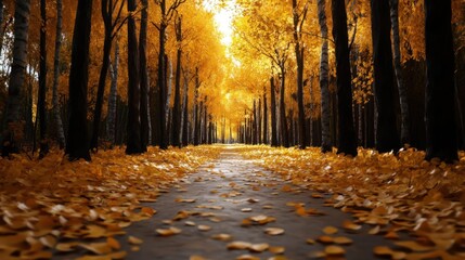 Poster - Pathway through autumn forest with vibrant yellow foliage and dappled sunlight creating a serene and warm atmosphere