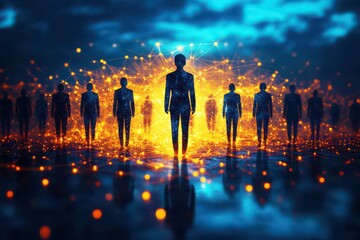 Wall Mural - human silhouettes illuminated by abstract digital light in futuristic landscape with tech-inspired b