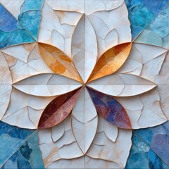 Poster - Abstract mosaic artwork featuring a symmetrical floral design in shades of white blue orange and brown. Detailed textures and patterns create a visually engaging decorative element