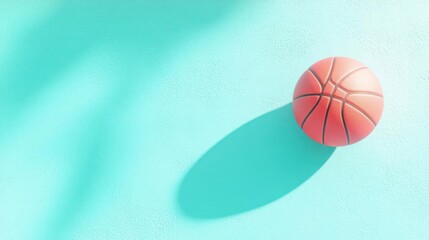 Poster - A high angle shot of a basketball on a textured teal surface with shadows showing the sport ball in orange tones for game or sport concepts