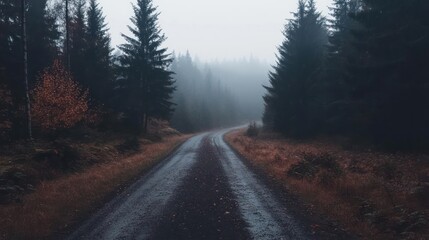 Aufkleber - A dark road through a foggy forest with tall pine trees in autumn. The path is wet and leaves are on the ground with a moody atmosphere
