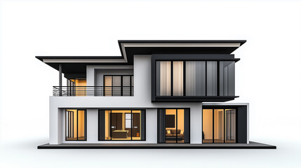 Poster - Modern house exterior showing illuminated interior at night on white background