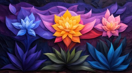 Poster - Colorful digital art featuring stylized floral arrangement with vibrant petals in shades of blue orange pink and purple set against dark textured background