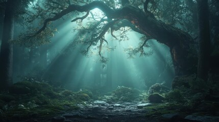 Aufkleber - Sunlight streams through a canopy of leaves illuminating an enchanting forest path creating a serene and mystical ambiance