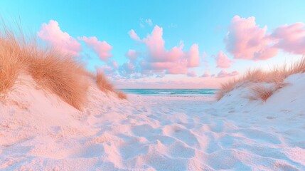 Aufkleber - Sandy path leading to turquoise ocean under a pastel sky framed by dunes and tall grass illuminated by soft sunlight
