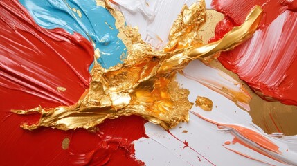 Leinwandbilder - Abstract textured artwork with gold foil red white and blue paint strokes creating a dynamic composition