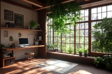 Poster - Interior room design with large windows full of green plants desk computer and bookshelves a rug wooden floor and sun light through window