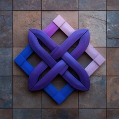 Leinwandbilder - Geometric interlocking design in blue and purple hues, mounted on a textured brown square tile background. Abstract art featuring a woven pattern