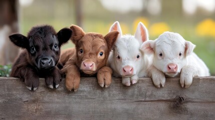 Aufkleber - Four adorable calves of varying colors lean on a rustic wooden fence with green foliage background capturing natural light