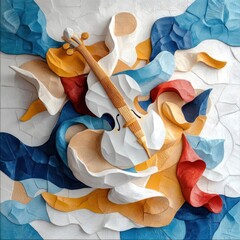 Leinwandbilder - Abstract sculptural composition featuring a white violin at the center surrounded by colorful, textured, and layered shapes. Blue, yellow, and red hues dominate with intricate details