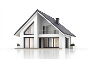 Poster - Modern house with black roof and balcony reflecting on white background