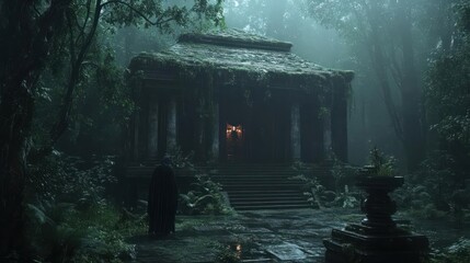 Poster - Stone structure engulfed in lush vegetation bathed in ethereal light creating a mystical atmosphere