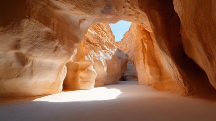 Poster - Interior view of a cavernous rock formation with textured walls and a blue sky visible through the opening. The scene is illuminated by bright sunlight creating strong shadows and highlights
