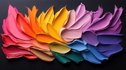 Leinwandbilder - Vibrant abstract color palette arranged in a fan shape with textured brushstrokes against a dark background representing artistic expression and color diversity