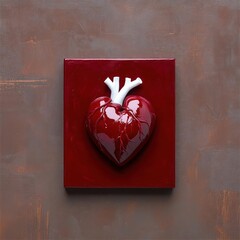 Poster - Top-down view of a heart sculpture with blood-red color and white veins on a red square against a rusty brown surface. Intense lighting enhances the gloss of the heart
