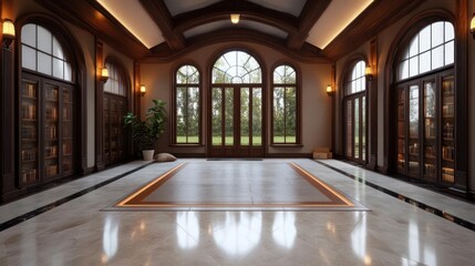 Poster - Elegant interior with arched windows wooden doors marble floor and ambient lighting showcasing a view of nature