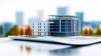 Aufkleber - Modern office building model standing on architectural plans with fall trees