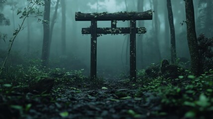 Aufkleber - Mysterious wooden gate in a foggy forest setting with green foliage dark moody atmosphere